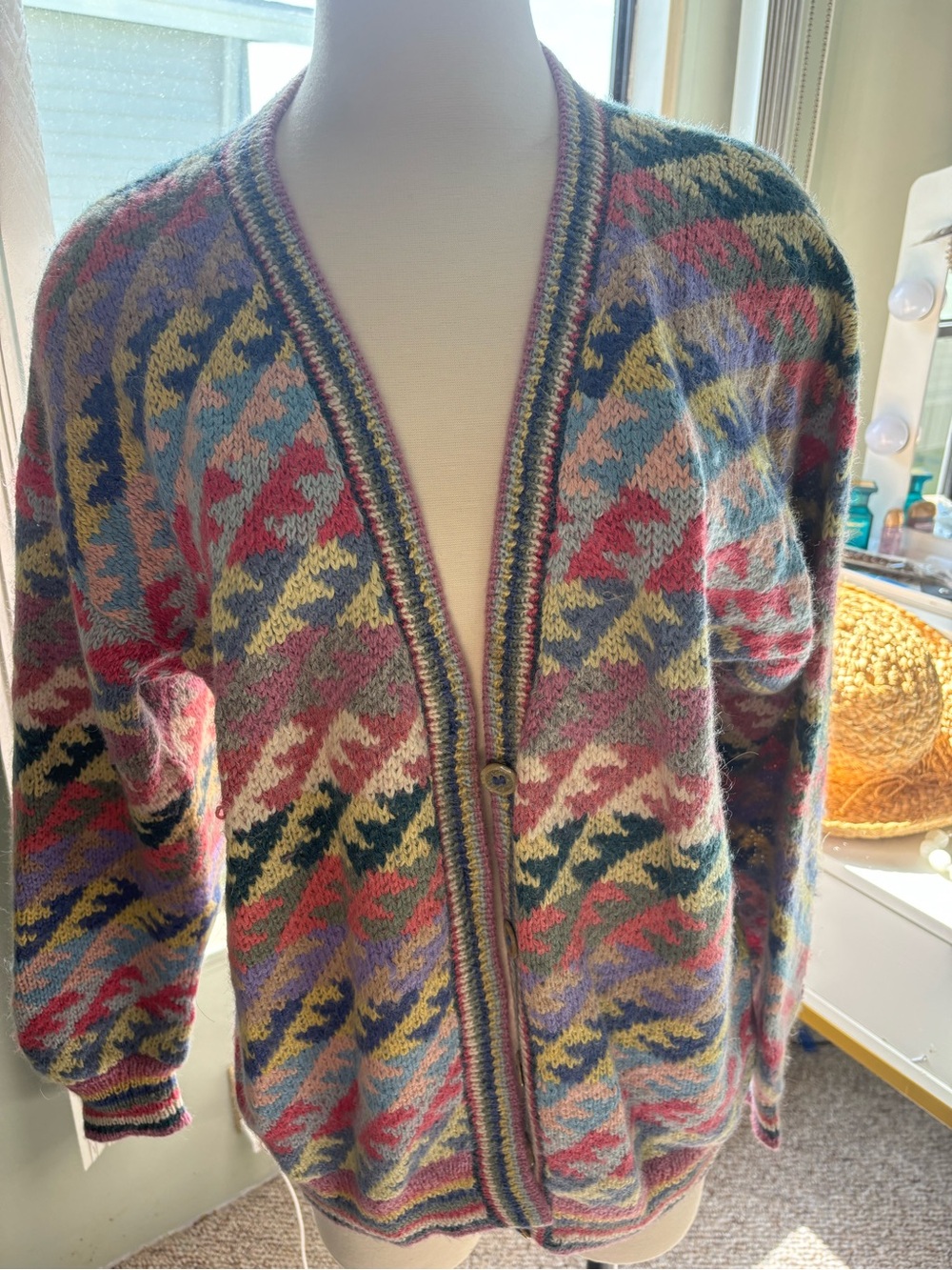 Alpaca Multicolor Geometric V-Neck Cardigan Sweater